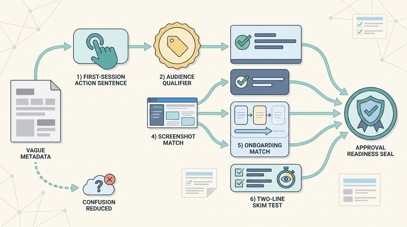 Process diagram showing how to draft an app description reviewers can understand from opening sentence to screenshot alignment Process diagram showing how to draft an app description reviewers can understand from opening sentence to screenshot alignment