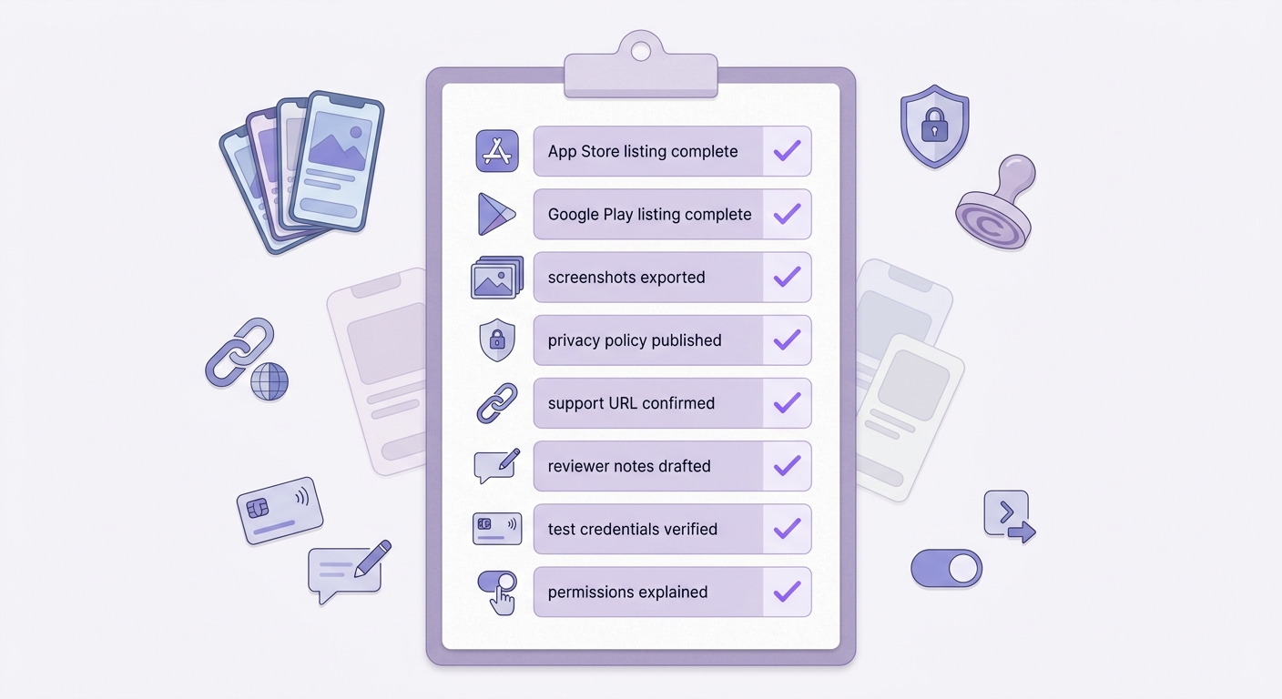 Checklist of final app submission preparation items for a solo founder launching on App Store and Google Play without an agency