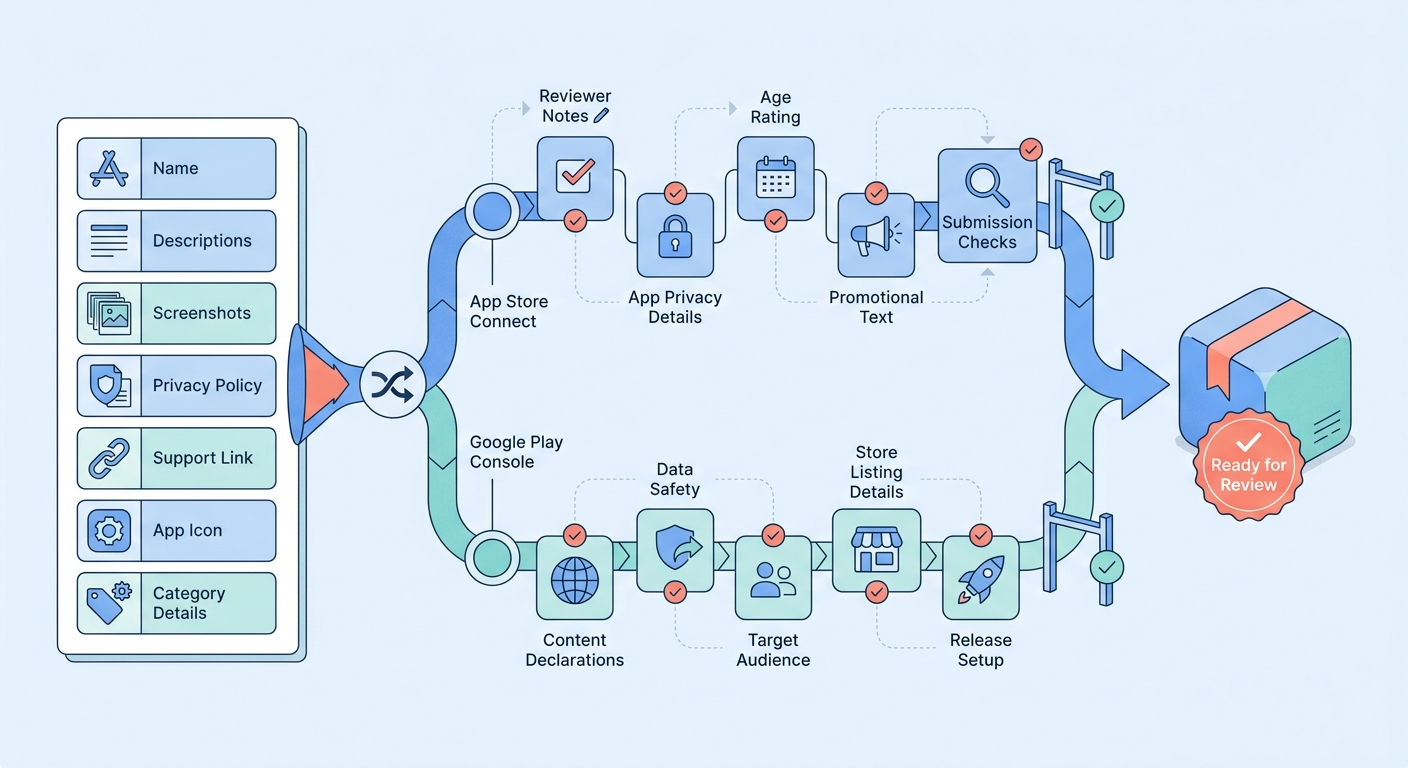 Process diagram showing shared and platform-specific steps for preparing one mobile app submission for App Store Connect and Google Play Console