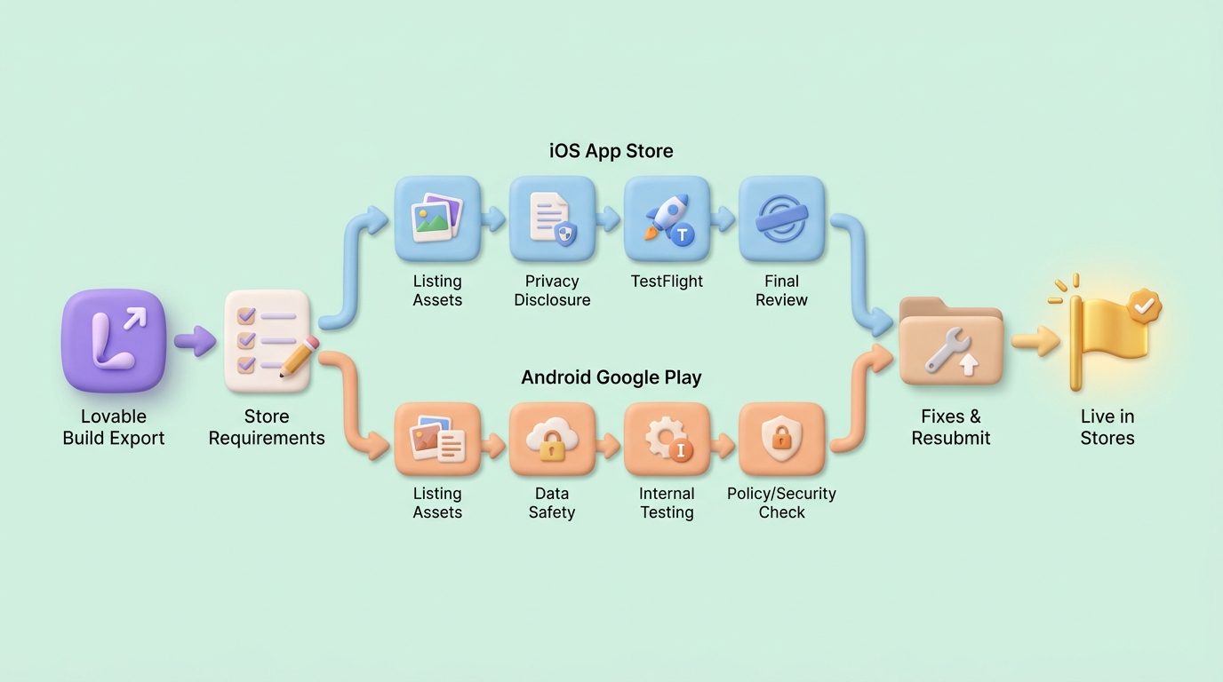 Soft clay-like 3D process diagram on a pale mint background showing a five-step publishing flow with rounded matte boxes and arrows: 1) a purple app tile labeled “Lovable build,” 2) a checklist card labeled “Store requirements,” 3) two parallel rounded cards for “App Store review” with an approval stamp and “Play Console checks” with a lock, 4) a folder with path markers labeled “Fixes and resubmit,” and 5) a gold flag labeled “Live in stores.” Gentle shadows, rounded edges, and minimal symbolic