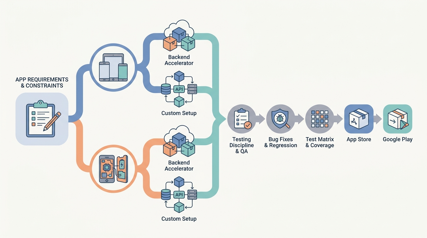 Decision diagram for choosing a 2026 mobile app development stack based on platform goals, backend needs, testing coverage, and store release requirements.