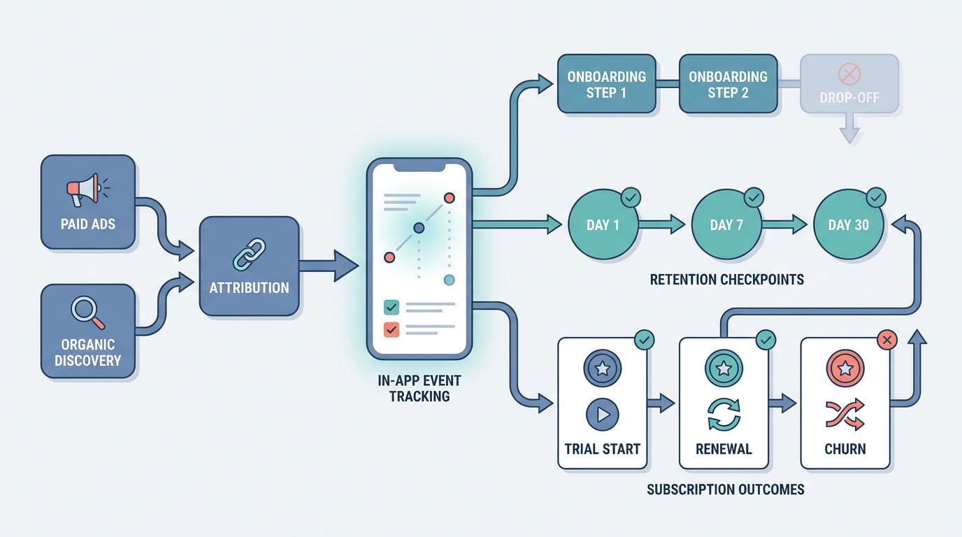 Workflow diagram linking attribution, in-app analytics, retention, and subscription decisions for a mobile app Workflow diagram linking attribution, in-app analytics, retention, and subscription decisions for a mobile app