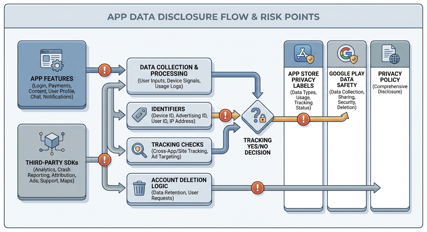 Diagram mapping app features and third-party SDK behavior to App Store Connect privacy labels, Google Play Data Safety answers, and privacy policy disclosures, showing common mismatch points.