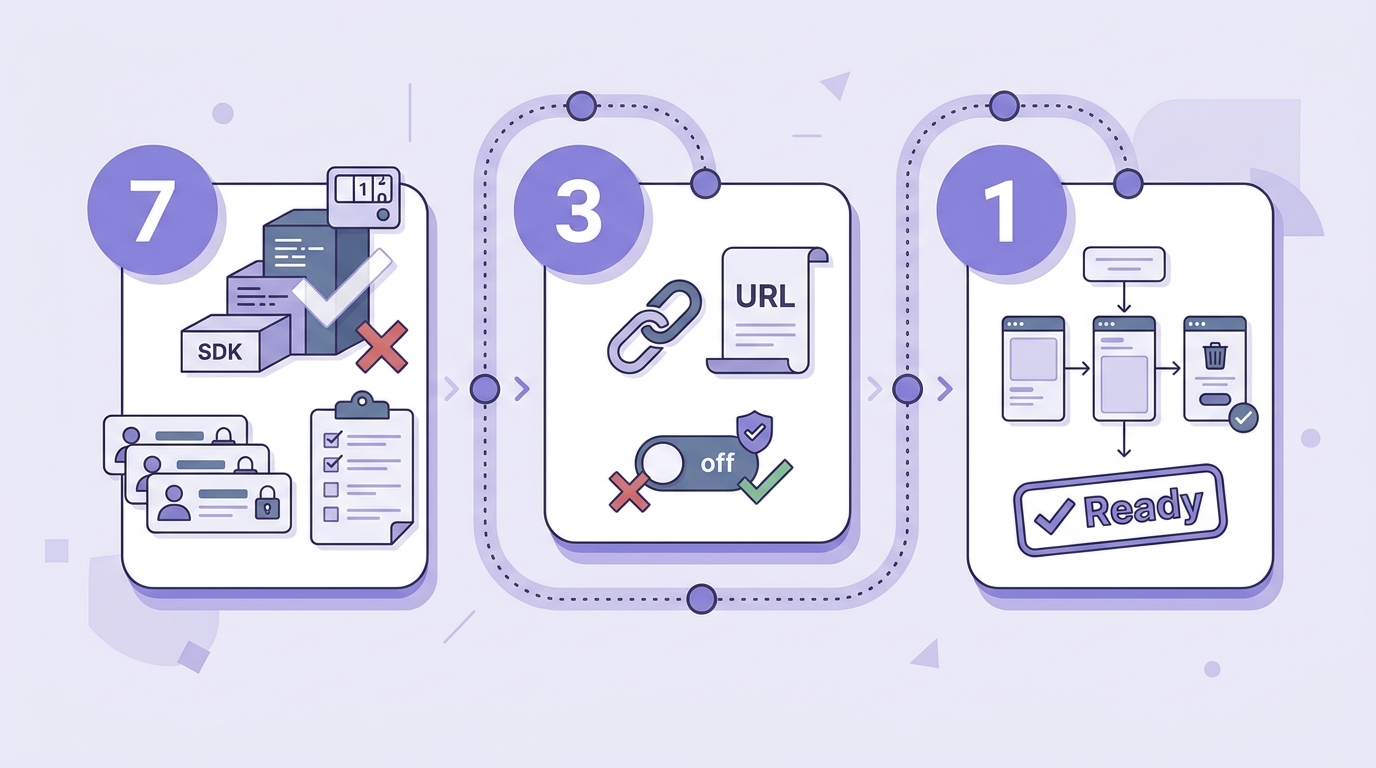 Timeline showing privacy compliance checks to run one week, three days, and one day before App Store or Google Play submission.