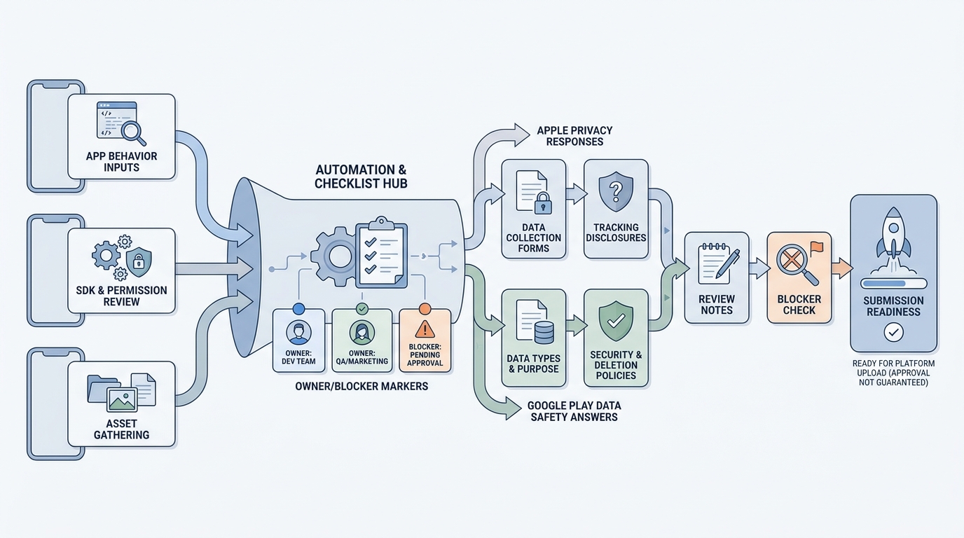 Workflow diagram showing how automated publishing tools turn app details into App Store and Google Play submission tasks