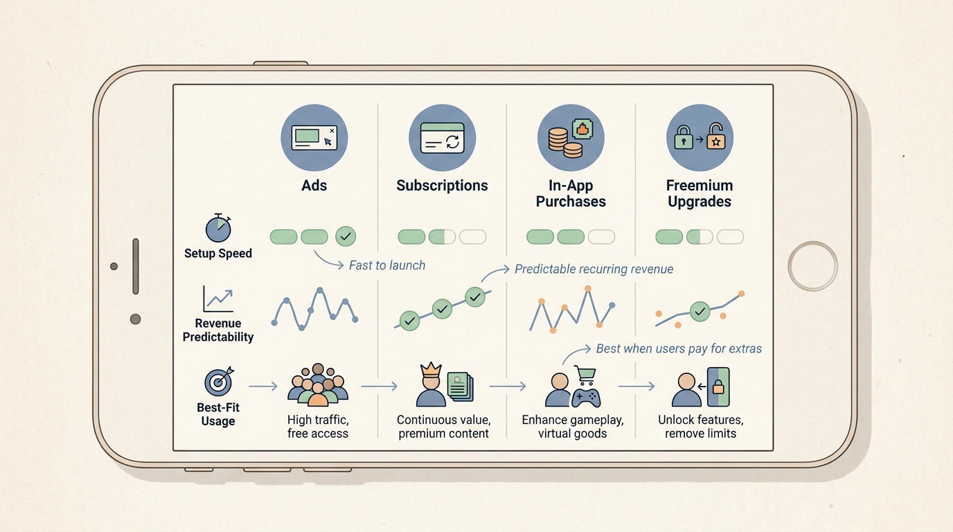 Comparison table of mobile app monetization options: ads, subscriptions, in-app purchases, and freemium upgrades. Comparison table of mobile app monetization options: ads, subscriptions, in-app purchases, and freemium upgrades.
