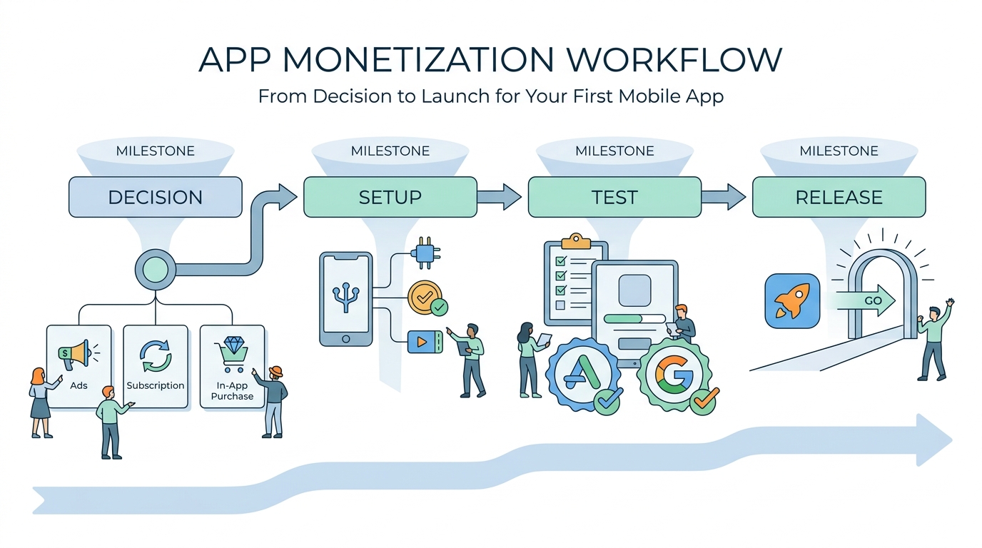 Workflow diagram for setting up app monetization, from model choice to store testing and release. Workflow diagram for setting up app monetization, from model choice to store testing and release.