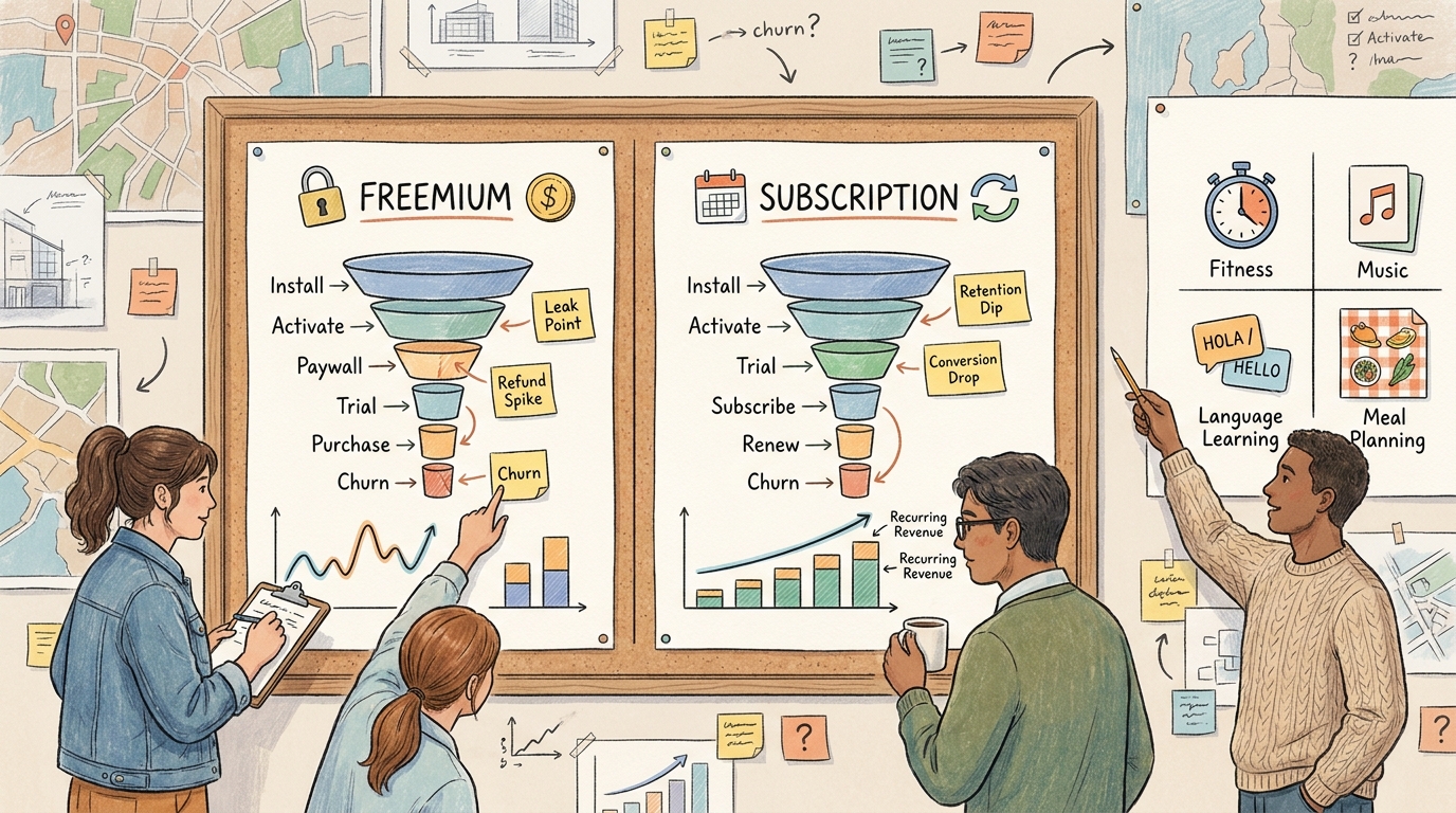 Team reviewing charts to decide whether freemium or subscription will generate more revenue for a mobile app. Team reviewing charts to decide whether freemium or subscription will generate more revenue for a mobile app.