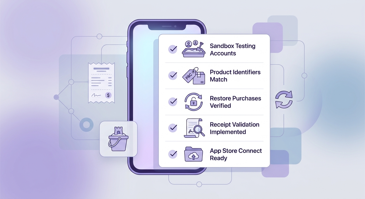 Pre-launch checklist for verifying iOS in-app purchases before App Store submission. Pre-launch checklist for verifying iOS in-app purchases before App Store submission.