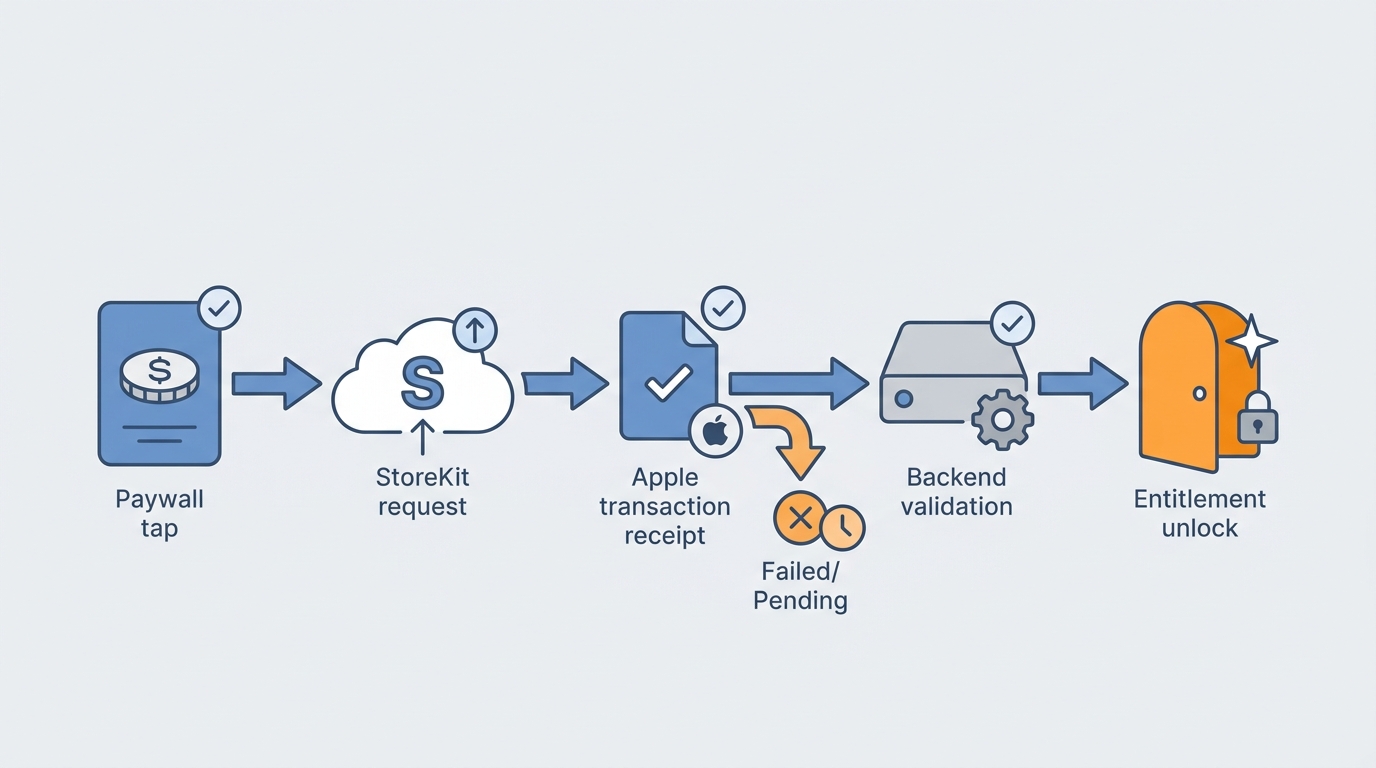 Flow diagram of iOS in-app purchase from paywall tap through receipt validation to entitlement unlock. Flow diagram of iOS in-app purchase from paywall tap through receipt validation to entitlement unlock.