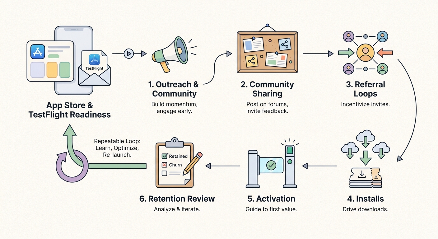 A workflow diagram for getting an iOS app's first users: prepare the store listing, run direct outreach and community posts, capture installs, then review activation and retention. A workflow diagram for getting an iOS app's first users: prepare the store listing, run direct outreach and community posts, capture installs, then review activation and retention.