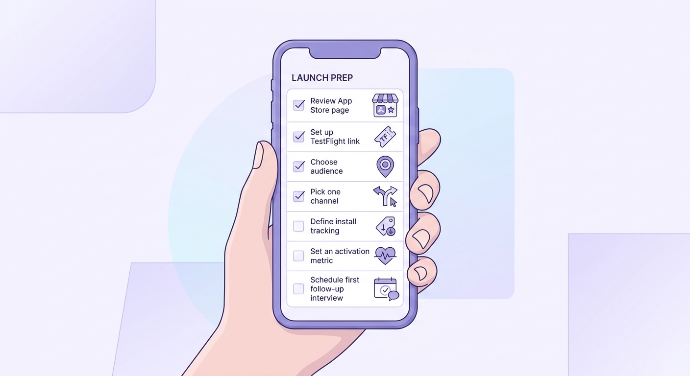 A checklist of launch tasks for an iOS app founder to complete before chasing the first 1,000 users, including App Store setup, TestFlight, outreach, and tracking. A checklist of launch tasks for an iOS app founder to complete before chasing the first 1,000 users, including App Store setup, TestFlight, outreach, and tracking.