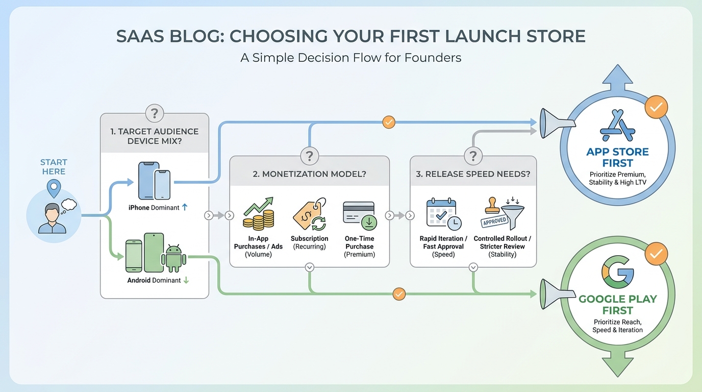 Flowchart for choosing whether to launch on App Store or Google Play first based on audience, monetization, and iteration speed.