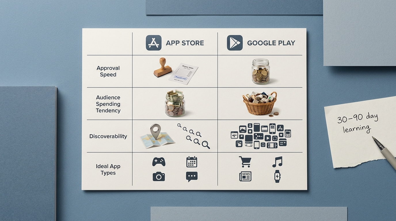 Comparison table of App Store and Google Play for approval speed, revenue potential, audience behavior, and discoverability.