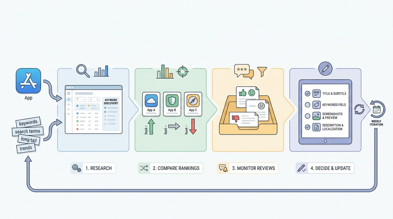 Workflow diagram for using an app store optimization tool to research keywords, track competitors, monitor reviews, and update app metadata.