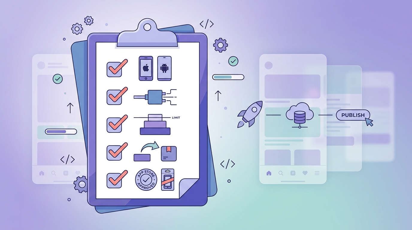 Checklist of launch blockers to verify before choosing a no-code mobile app builder, including publishing support and pricing limits.