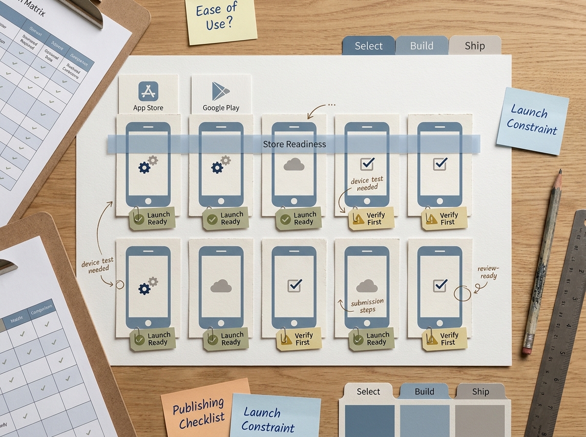 Comparison grid of ten no-code mobile app builders ranked by ease of use, publishing readiness, and launch constraint to verify.