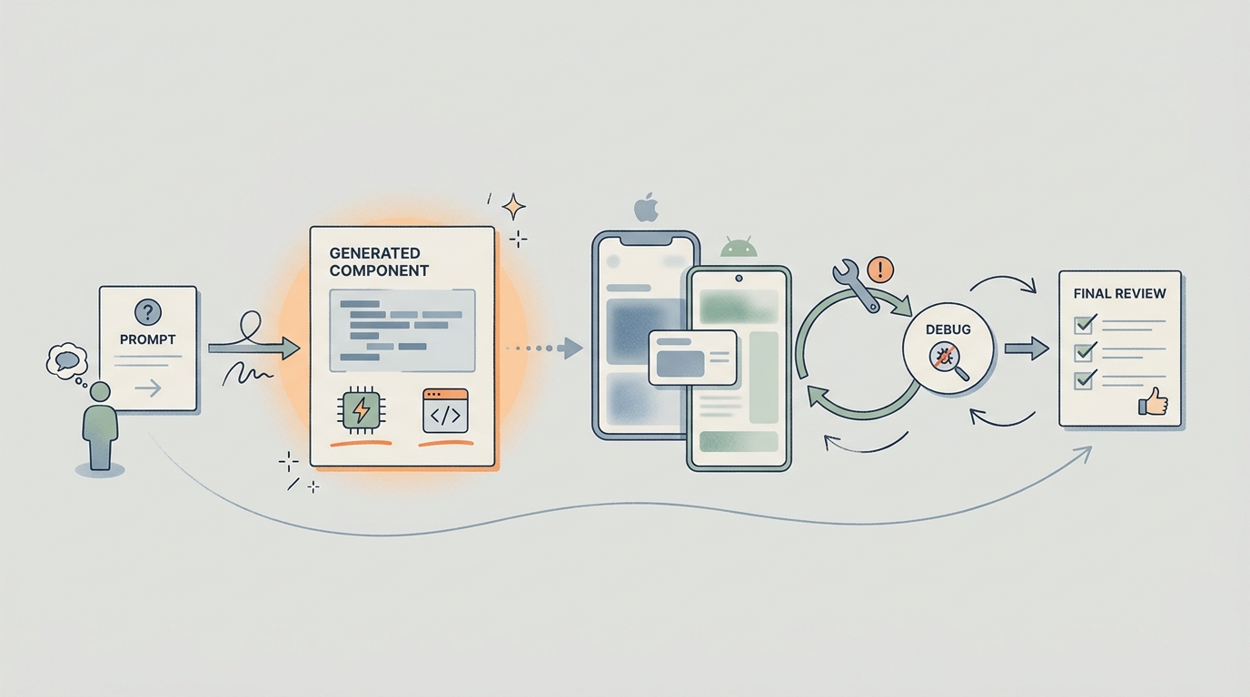 Workflow diagram of using an AI assistant to generate, test, debug, and review React Native mobile code. Workflow diagram of using an AI assistant to generate, test, debug, and review React Native mobile code.