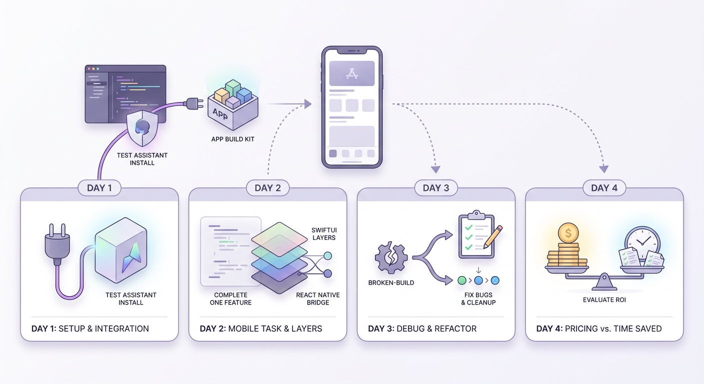 Timeline for trialing an AI coding assistant on a real mobile app task across setup, prompt test, debugging, and decision. Timeline for trialing an AI coding assistant on a real mobile app task across setup, prompt test, debugging, and decision.