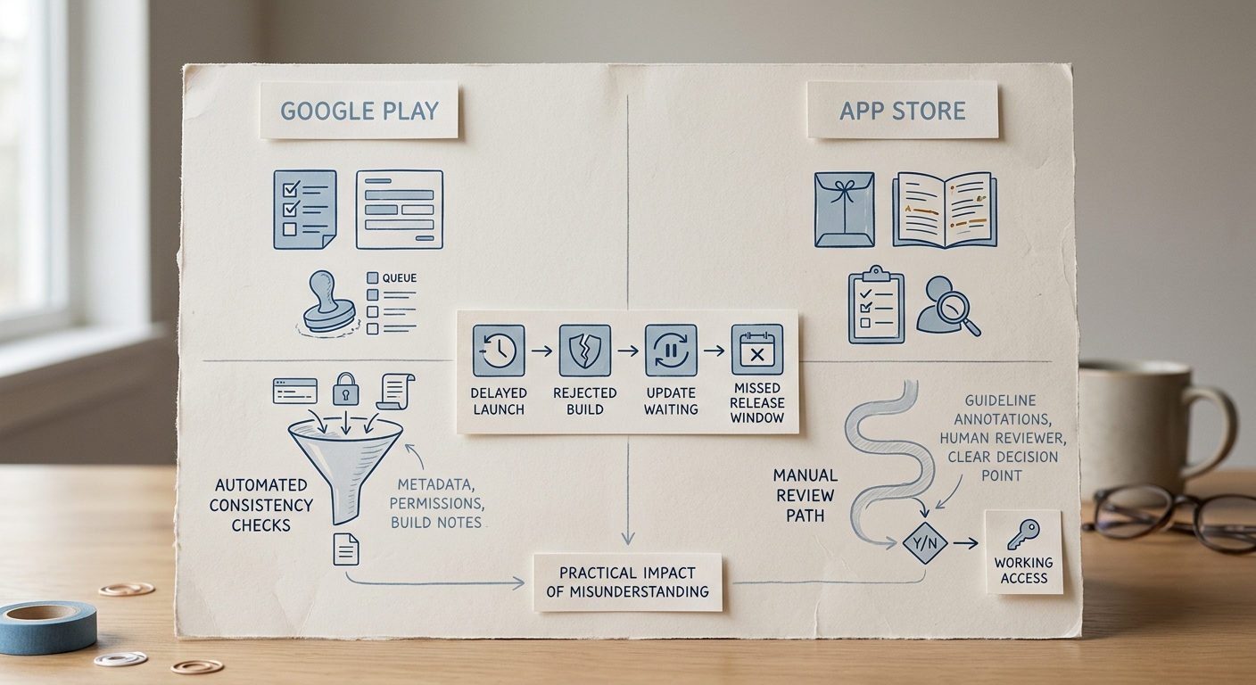 Comparison table of Google Play and App Store approval differences in review style, bottlenecks, and launch impact.