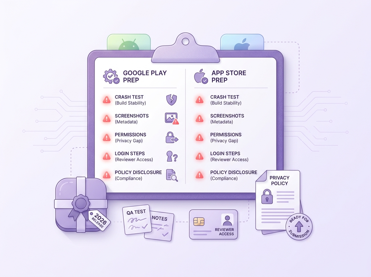 Checklist for final submission checks before publishing to Google Play and the App Store.