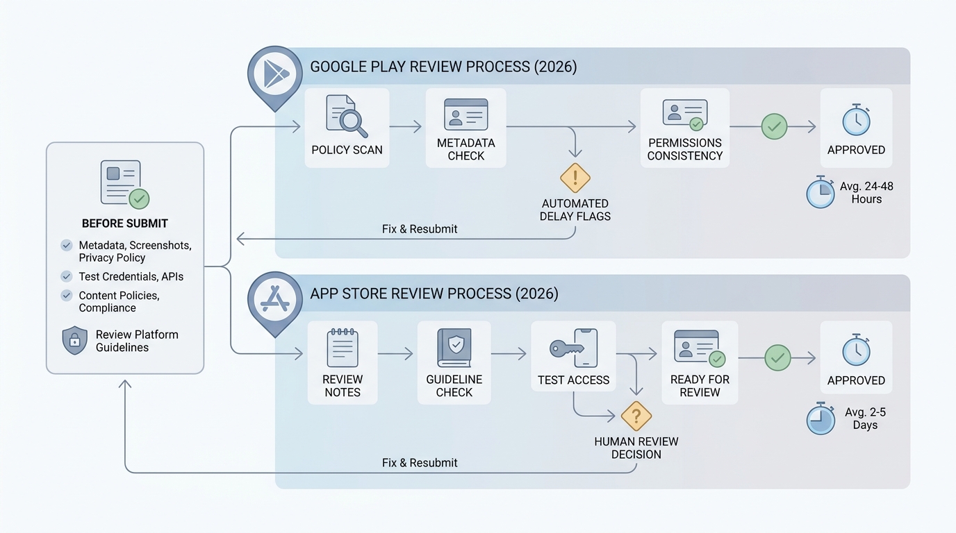 Workflow diagram comparing Google Play and App Store review checkpoints and the main items each reviewer checks first.
