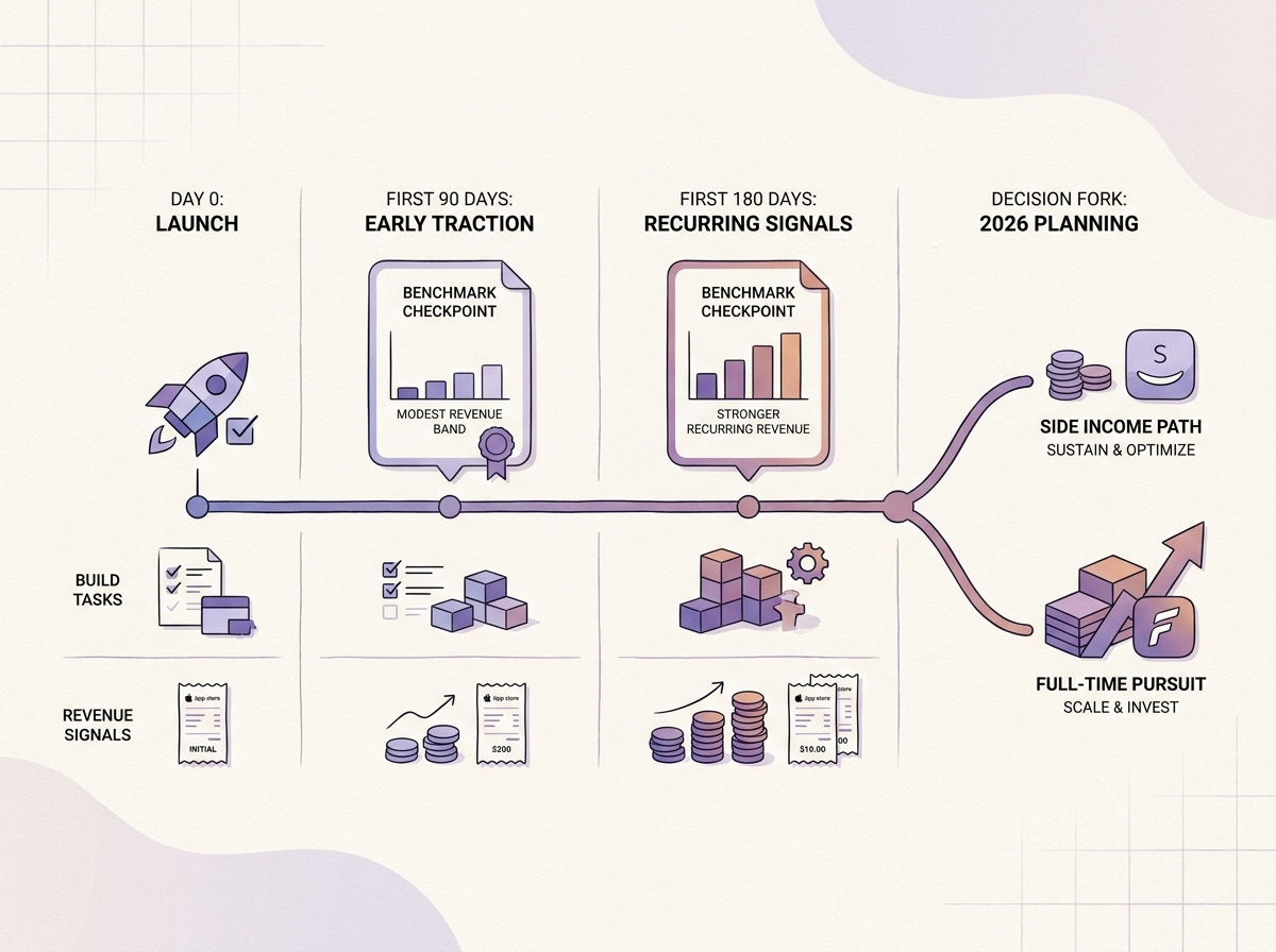 Timeline showing how indie founders can benchmark app revenue from launch through the first 180 days in 2026. Timeline showing how indie founders can benchmark app revenue from launch through the first 180 days in 2026.