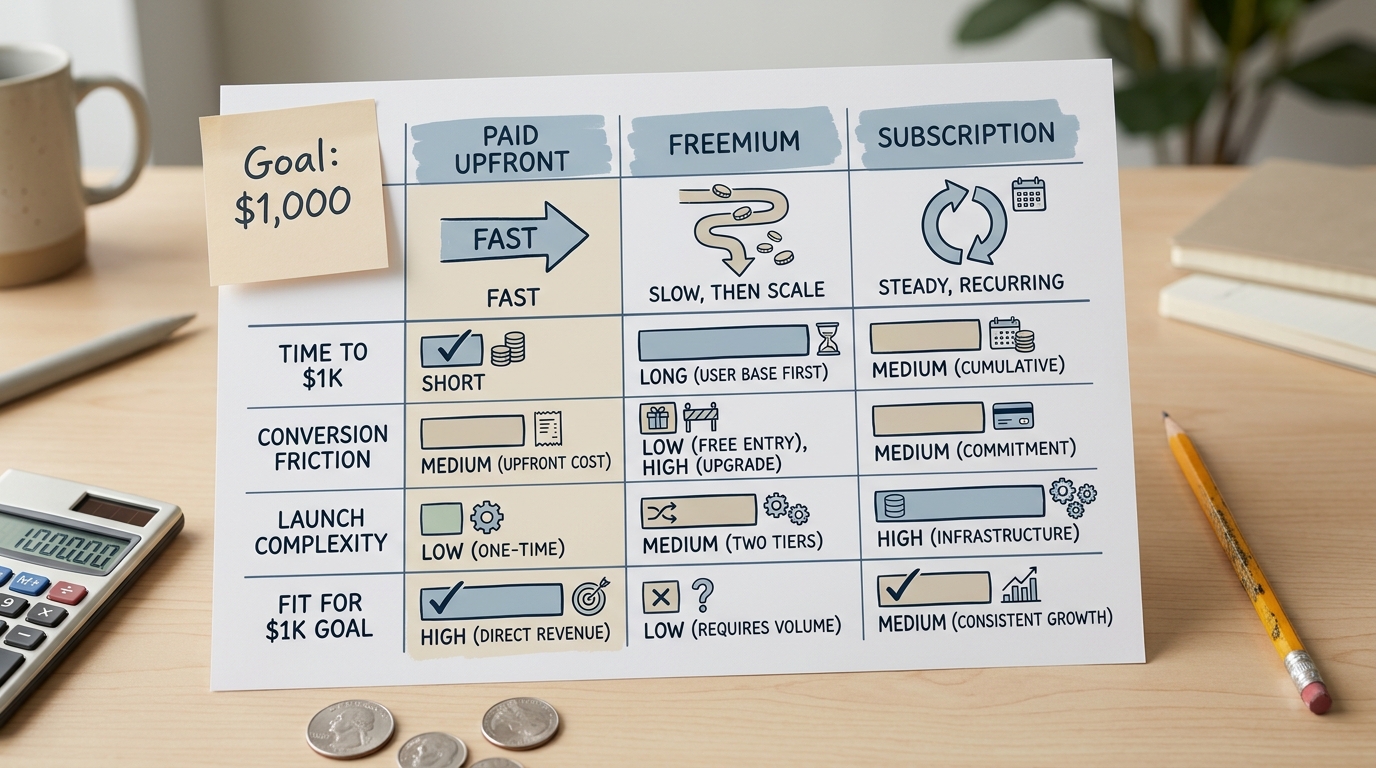 Comparison table of three iOS app monetization models showing which one reaches the first $1,000 fastest. Comparison table of three iOS app monetization models showing which one reaches the first $1,000 fastest.