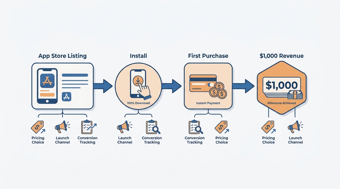 Process diagram showing the App Store path from listing to first paying users and first $1,000 in revenue. Process diagram showing the App Store path from listing to first paying users and first $1,000 in revenue.