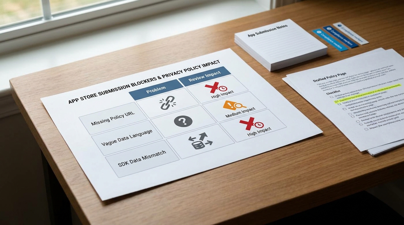 Comparison table of privacy policy mistakes and how they affect App Store and Google Play review.