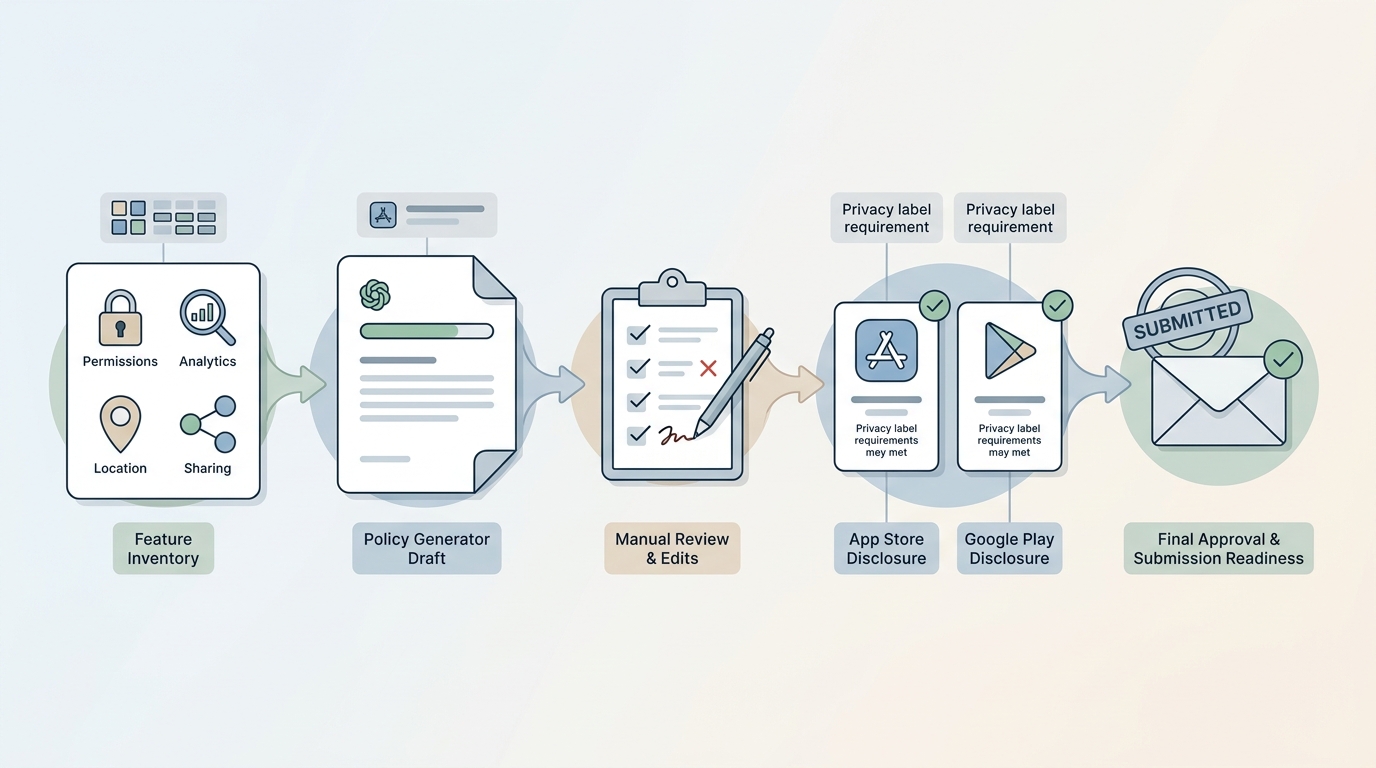 Workflow diagram of using a privacy policy generator before app store submission.