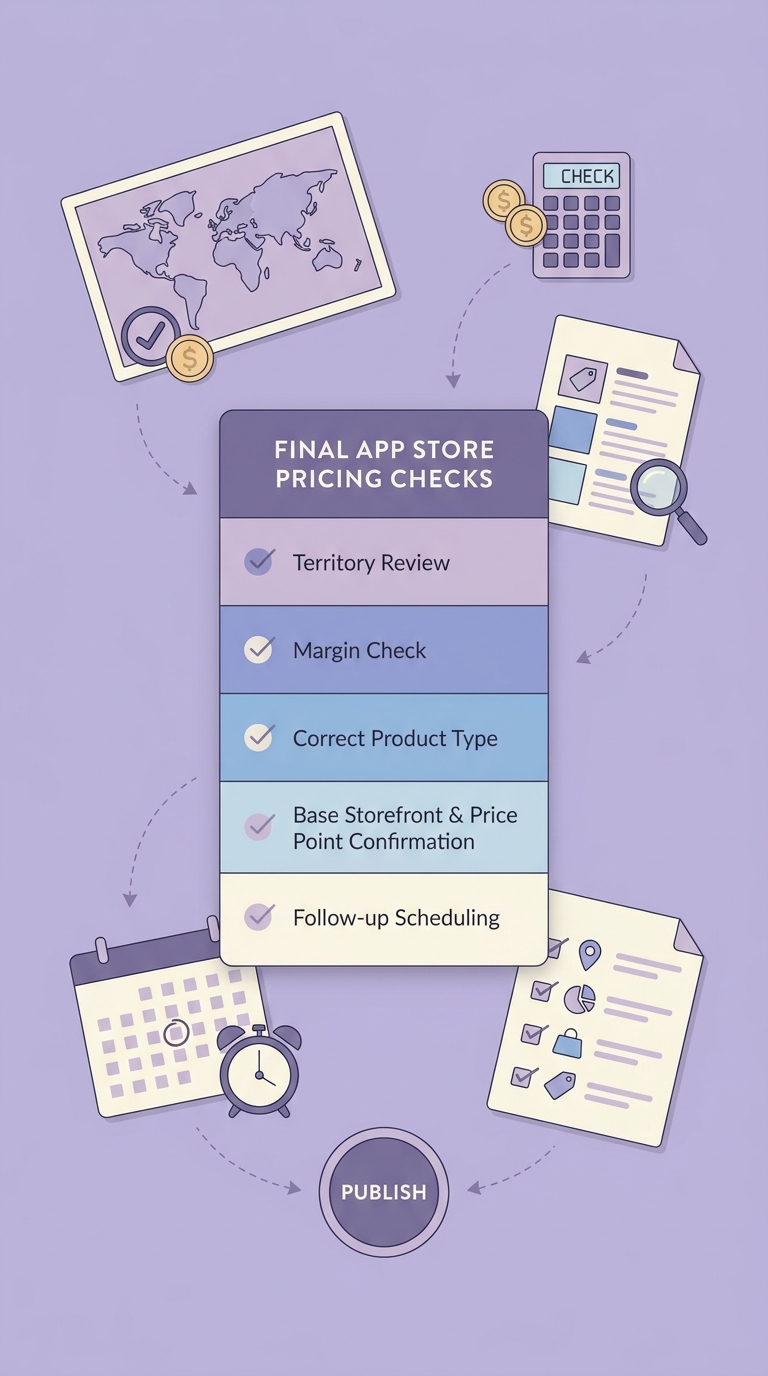 Checklist for verifying App Store pricing in different currencies before publishing.