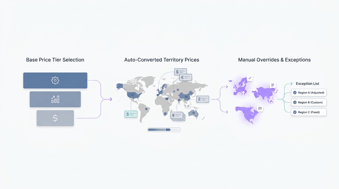Workflow diagram for setting App Store pricing in different currencies, from base tier selection to territory review and overrides.