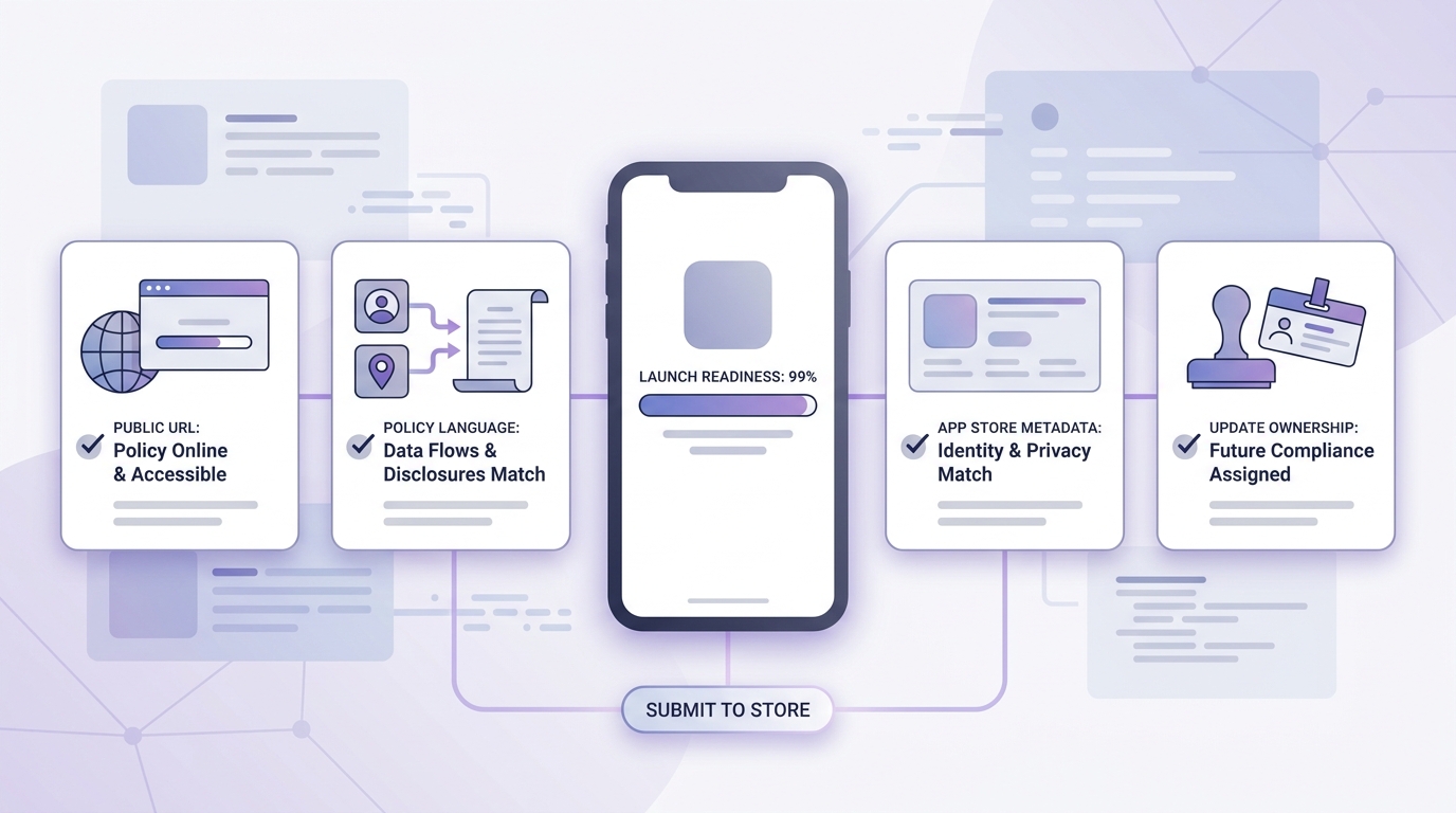 Checklist for verifying a privacy policy before submitting an app to the App Store or Google Play.