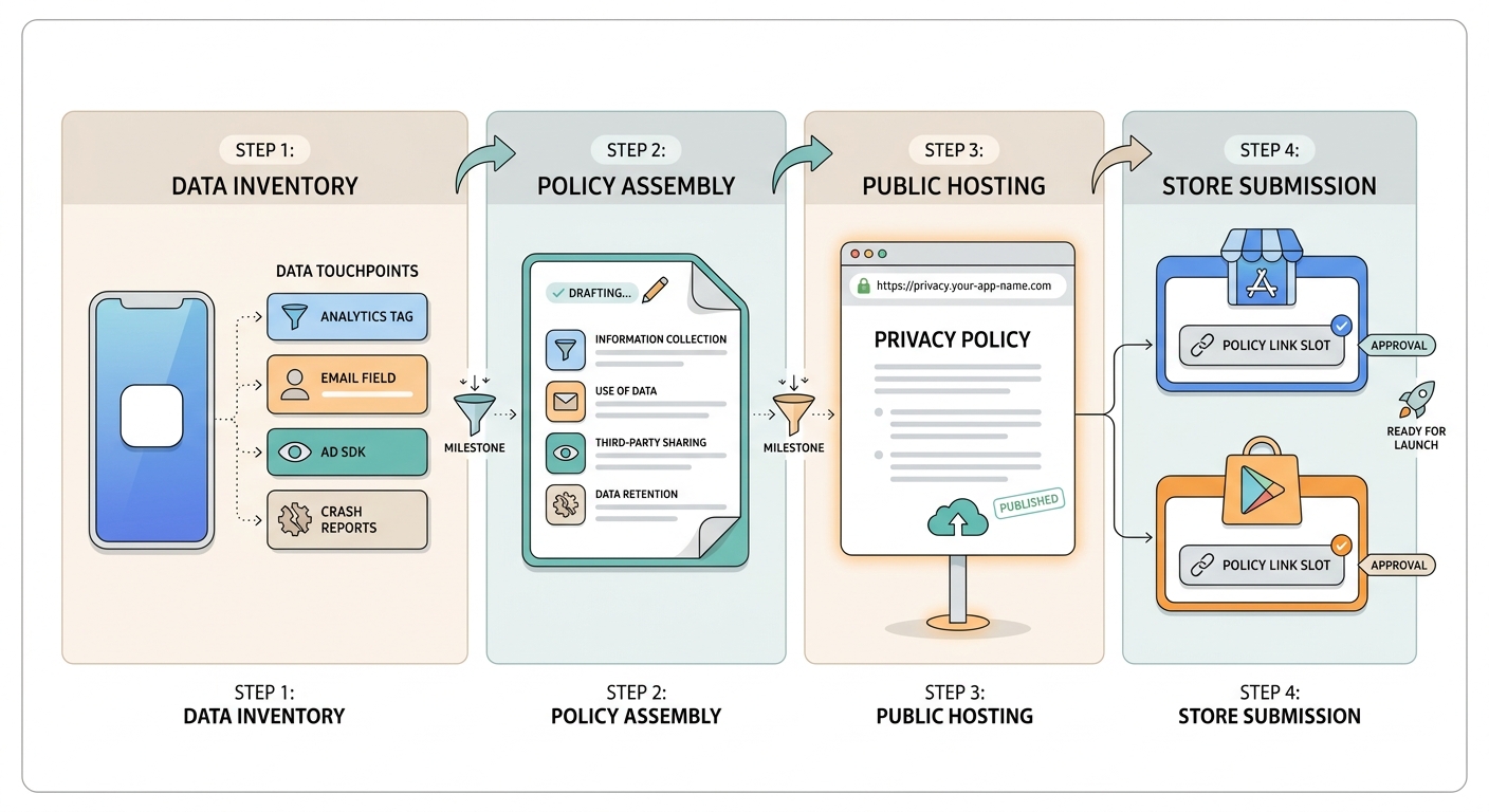 Workflow diagram for creating, hosting, and linking a privacy policy before submitting an app to Apple and Google.
