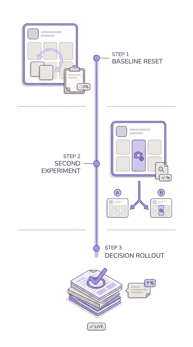 Timeline of next steps after a successful App Store Product Pages A/B test, from baseline reset to second experiment to rollout.