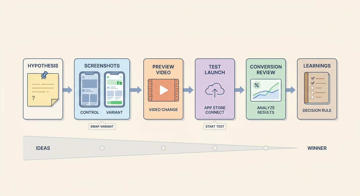 Workflow diagram of building and launching App Store Product Pages variants for an A/B test.