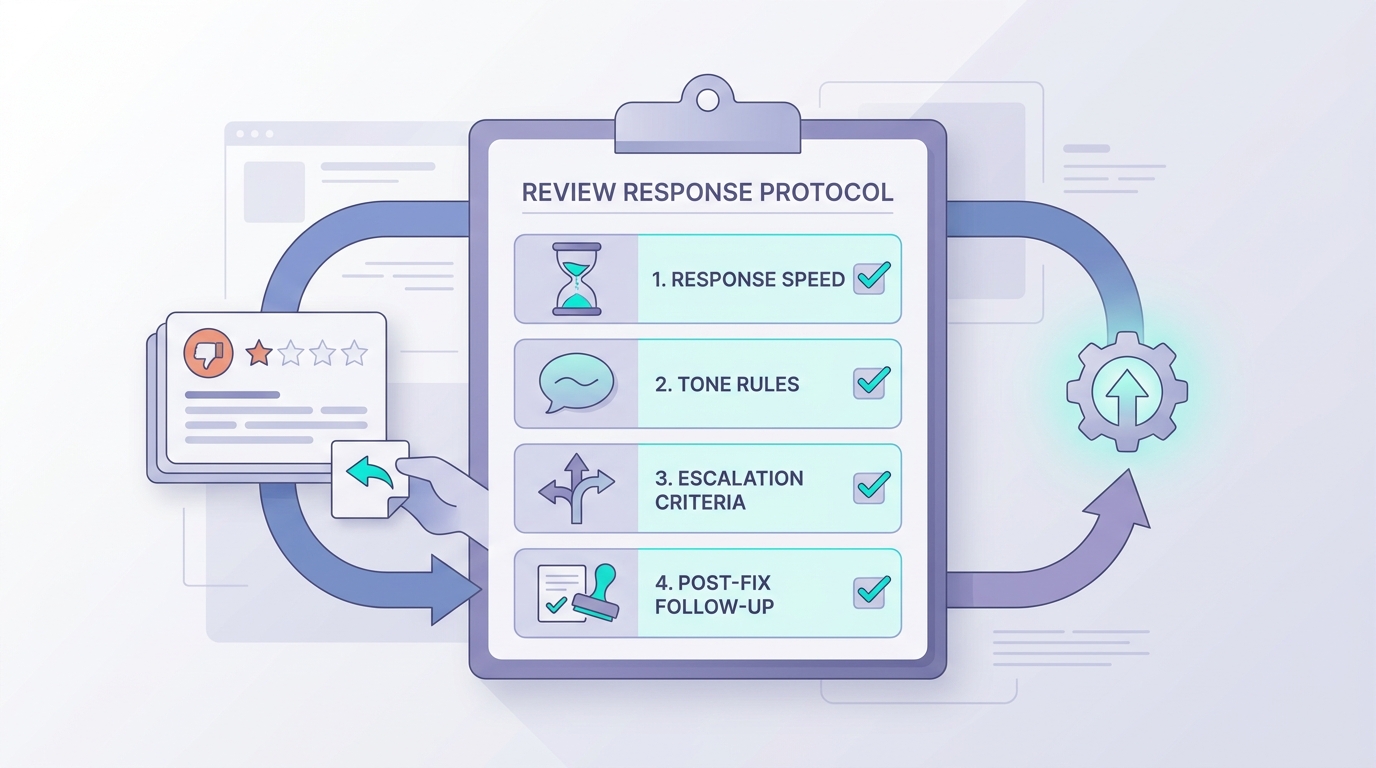 Checklist for handling negative app store reviews professionally as part of a product feedback loop.