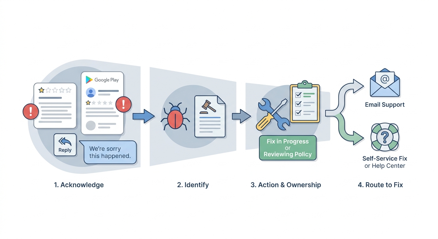 Workflow diagram for drafting a professional response to a negative App Store or Google Play review.