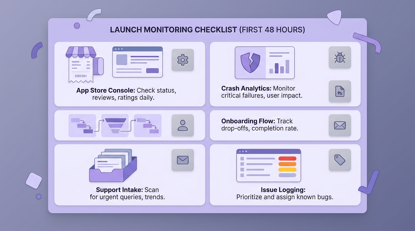 Checklist for monitoring an app launch with store console, crash analytics, onboarding checks, support inbox, and issue logging.