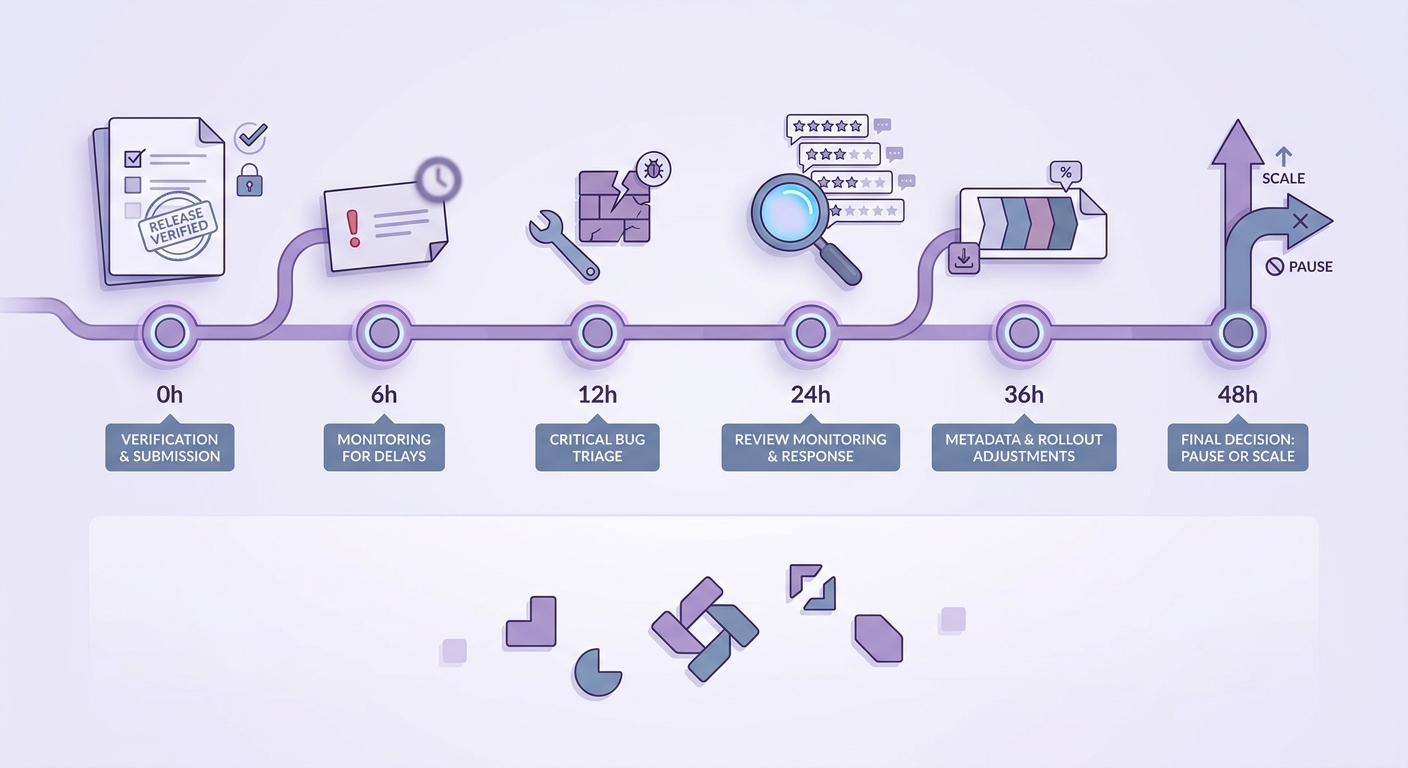 Timeline of actions during the first 48 hours after app launch, from release verification to triage and scale decisions.