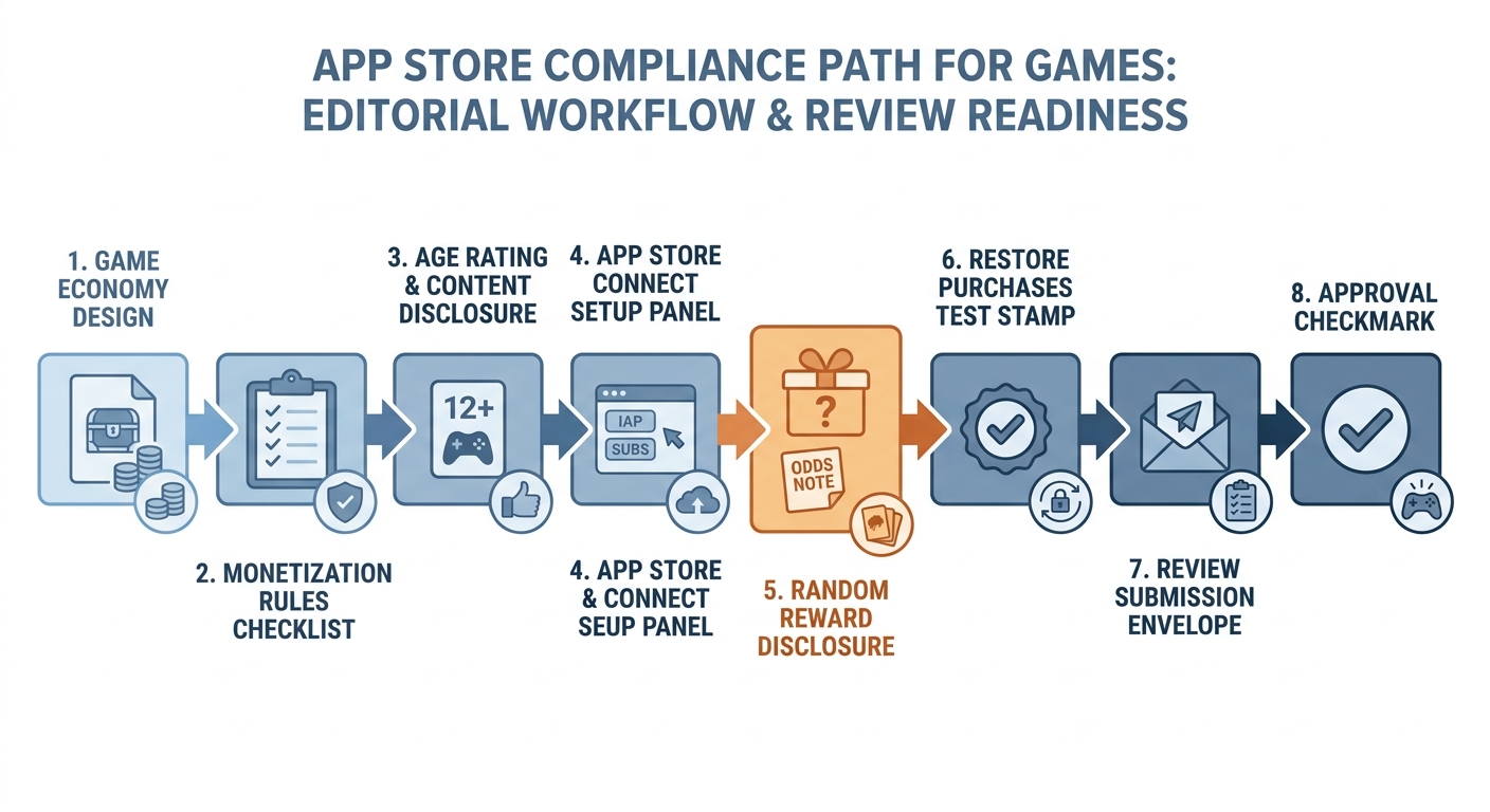 Process diagram for setting up game monetization compliance before App Store submission.