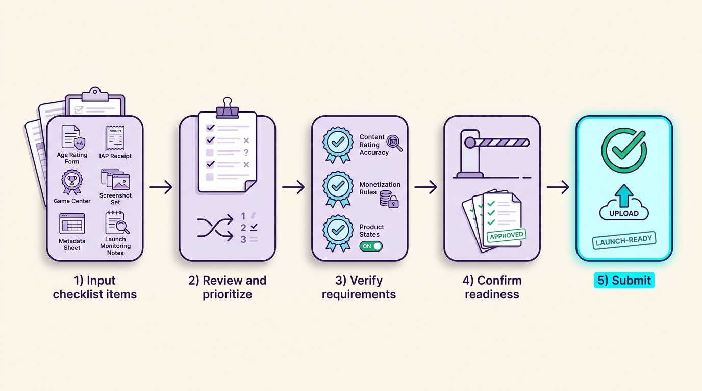 A clean five-step process diagram on a light background showing an execution checklist flow: Input checklist items on the left, then review and prioritize, then verify requirements, then confirm readiness, and finally submit with a green completion check. Each step appears in a labeled rounded box connected by directional arrows, using deep violet outlines, soft lavender fills, and a cyan accent on the final outcome.