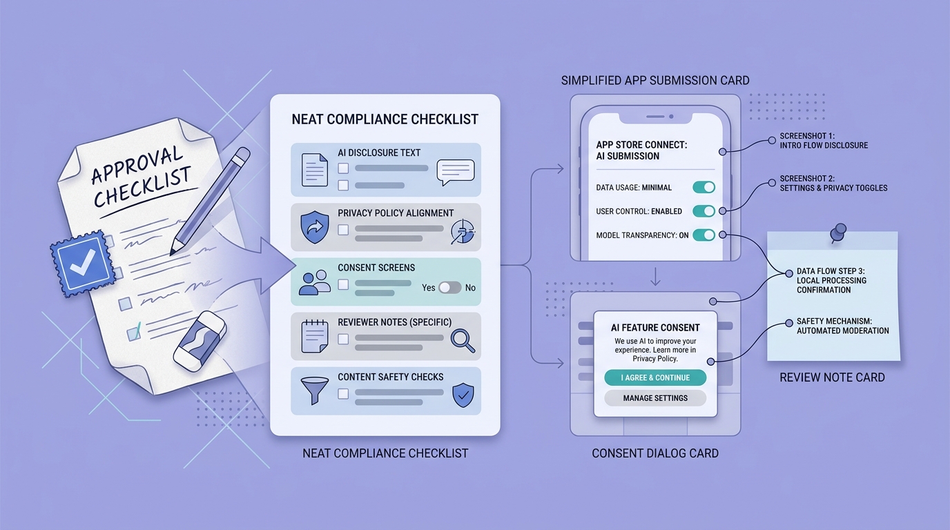 Checklist for launching an AI app on the App Store with disclosure, privacy, consent, reviewer notes, and safety checks.