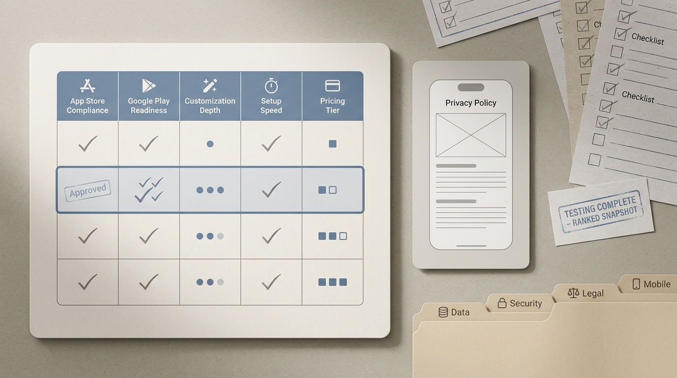 Comparison table of five privacy policy generators for mobile apps with columns for compliance, customization, speed, and price.