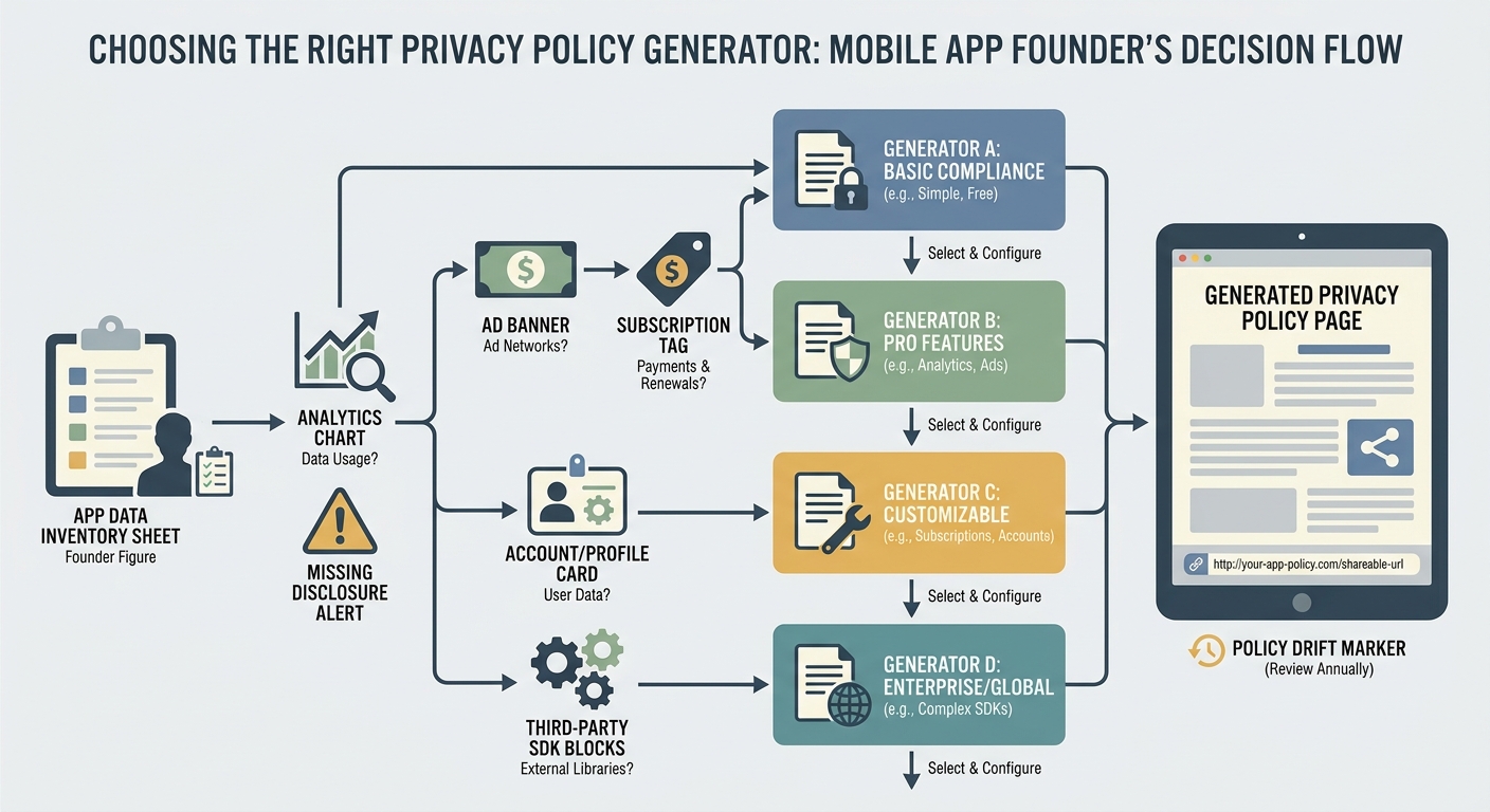 Decision flow for choosing a privacy policy generator based on mobile app data collection and compliance needs.