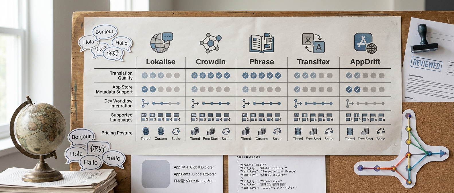 Comparison table of five app localization tools with columns for translation quality, App Store metadata support, developer workflow integration, language coverage, and pricing.