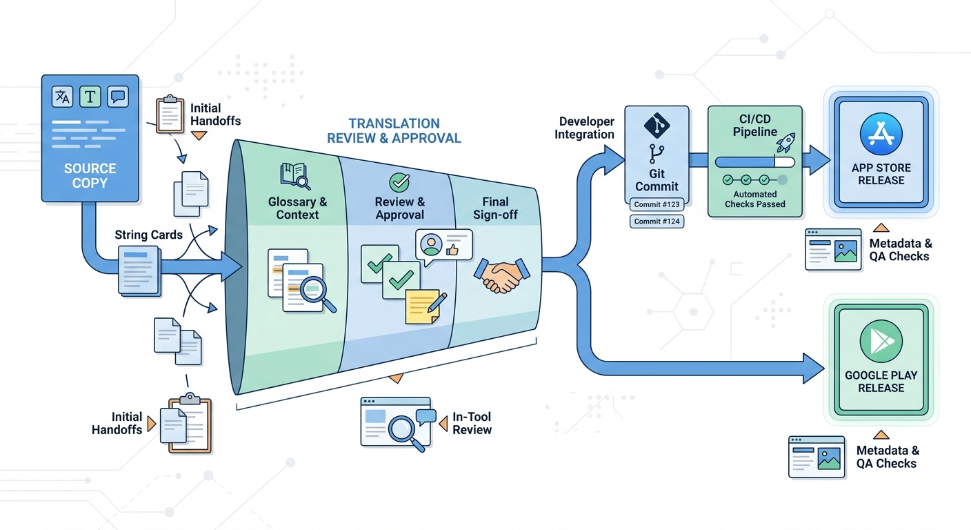 Flow diagram showing app localization workflow from source strings to translation review, developer integration, and app store release.