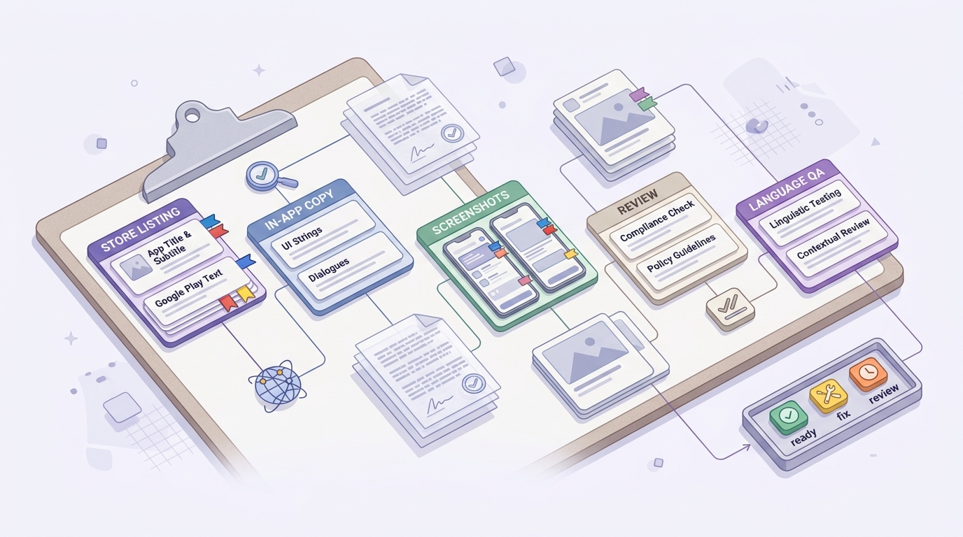 Checklist for localizing app store metadata, in-app strings, screenshots, and review steps before launching in global markets.