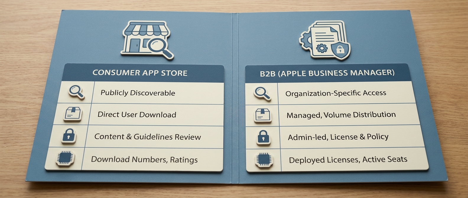 Comparison table contrasting consumer app launches with B2B App Store launches using Apple Business Manager and managed distribution.